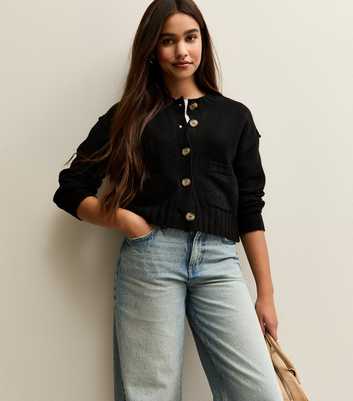 Girls Black Chunky Front Pocket Cardigan