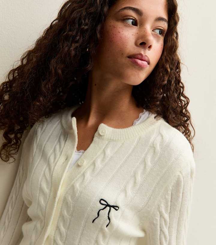 Girls Cream Embroidered Bow Cable Knit Cardigan