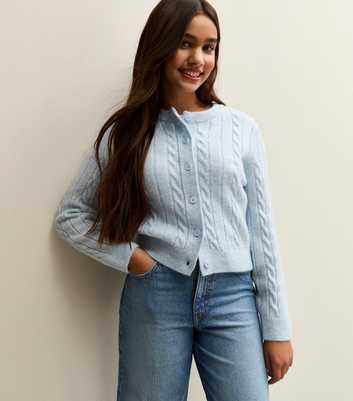 Girls Light Blue Star Embroidered Cable Knit Cardigan