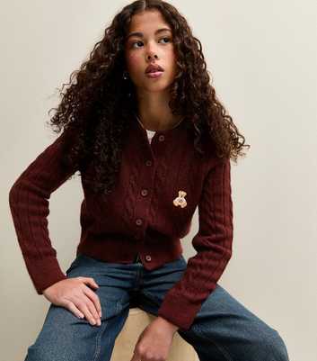 Burgundy Cable Knit Bear Embroidered Cardigan