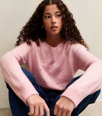 Girls Light Pink Diamante Slash Neck Jumper