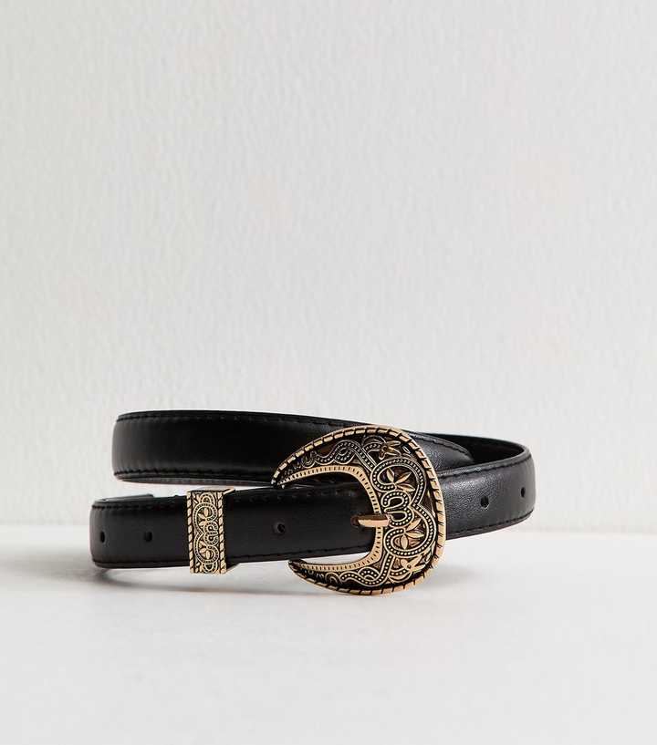 Black Faux Leather Western Skinny Belt