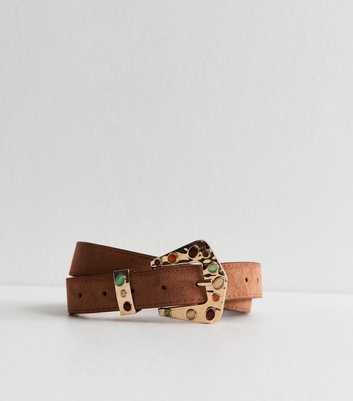 Tan Faux Suede Stone Buckle Belt