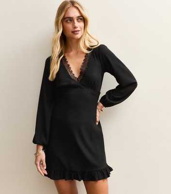 Black Lace Trim long Sleeve Mini Dress