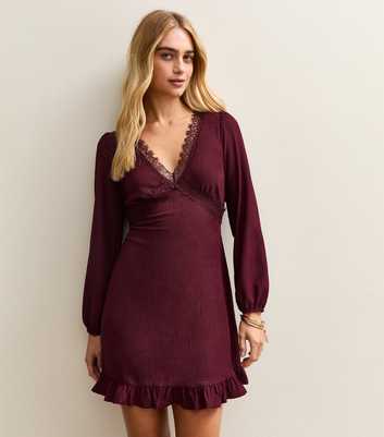 Dark Burgundy Lace Trim long Sleeve Mini Dress