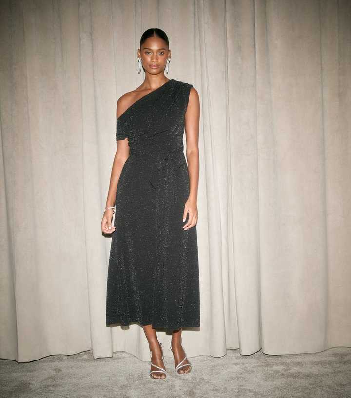 Black Metallic Cowl Neck Midi Dress