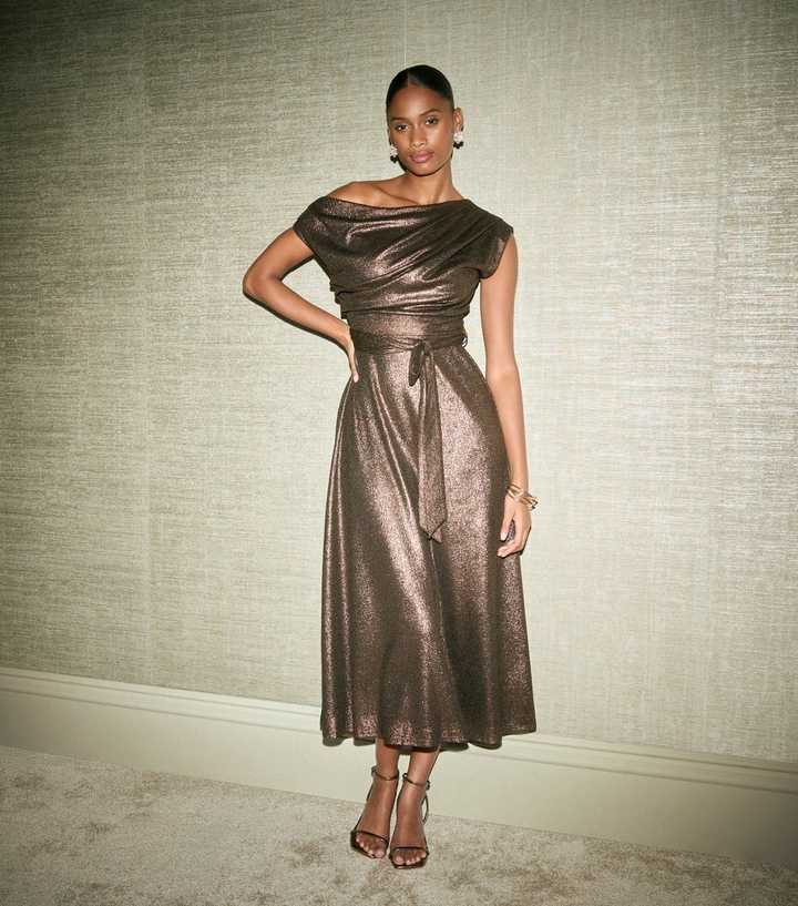 Bronze Metallic Cowl Neck Midi Dress | New Look