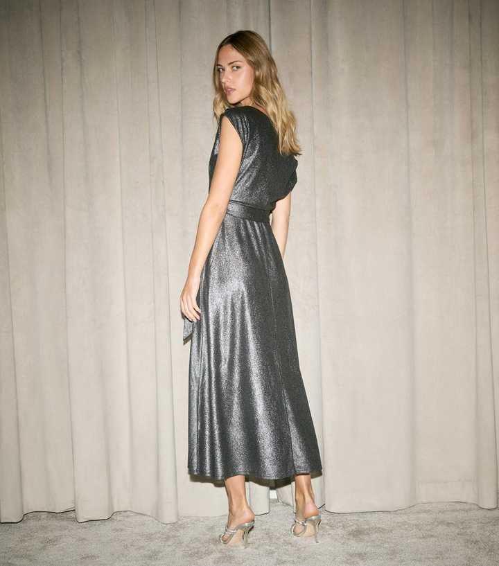 Silver Metallic Cowl Neck Midi Dress