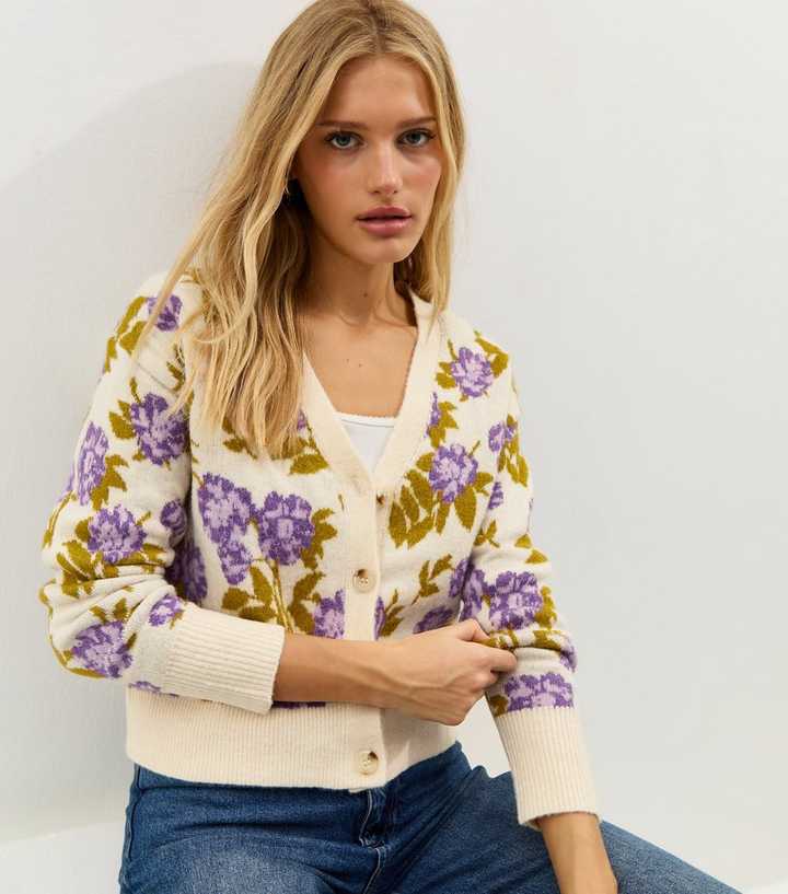 Cream Floral Patterned V-Neck Cardigan