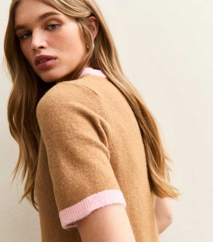 Camel and Pink Knit Contrast Rib T-Shirt