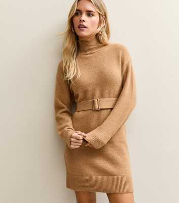 Petite Camel Belted Knit Mini Dress