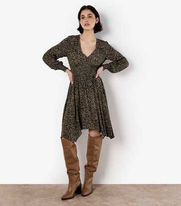 Apricot Khaki Leopard Smock Hanky Hem Dress