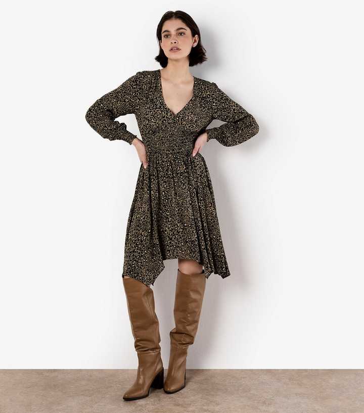 Apricot Khaki Leopard Smock Hanky Hem Dress