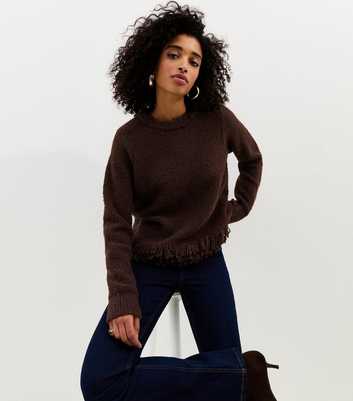 Dark Brown Boucle Fringe Hem Jumper