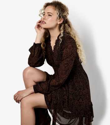Apricot Brown Paisley Print Ruffle Dress