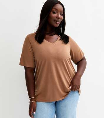 Curves Tan V-Neck T-Shirt