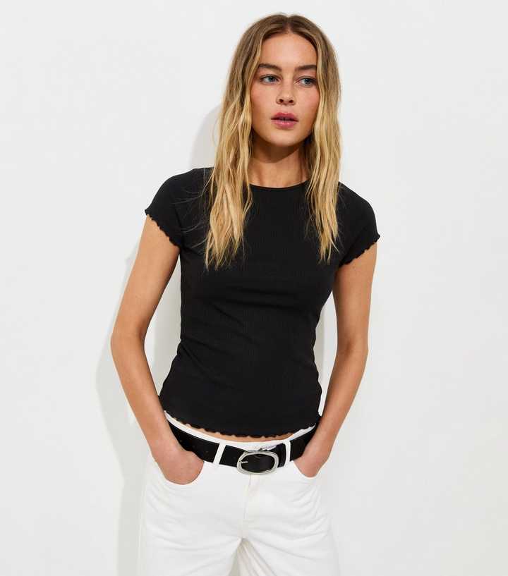 Black Ribbed Jersey Frilly Trim Short Sleeve Top