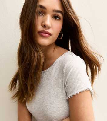 Grey Ribbed Jersey Frilly Trim Short Sleeve Top