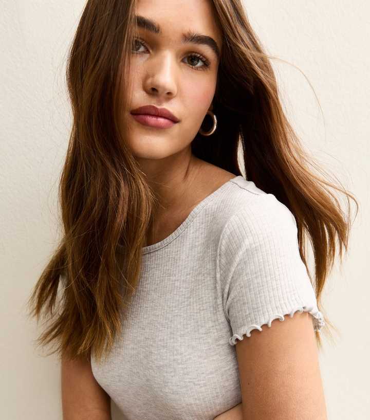 Grey Ribbed Jersey Frilly Trim Short Sleeve Top