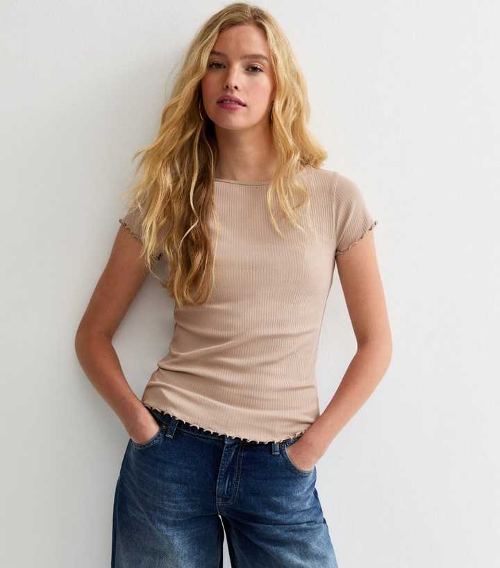 Mink Ribbed Jersey Frilly Trim Short Sleeve Top