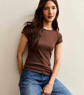 Dark Brown Short Sleeve Frilly Trimmed Top