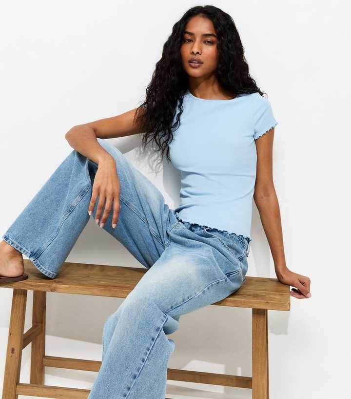 Light Blue Ribbed Jersey Frilly Trim Short Sleeve Top