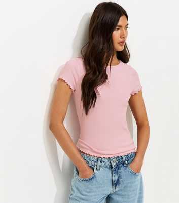 Light Pink Ribbed Jersey Frilly Trim Short Sleeve Top