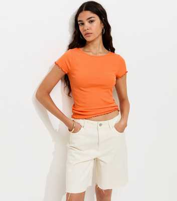 Bright Orange Ribbed Jersey Frilly Trim Short Sleeve Top