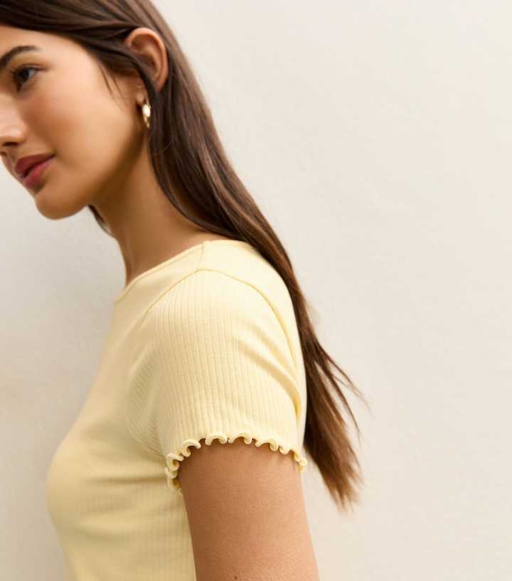 Light Yellow Short Sleeve Frilly Trimmed Top
