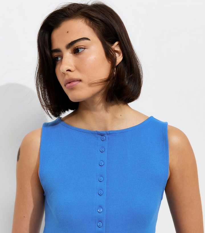 Blue Button Through Tank Top