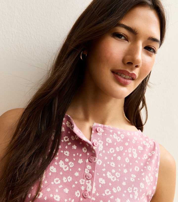 Pink Floral Print Button Through Tank Top