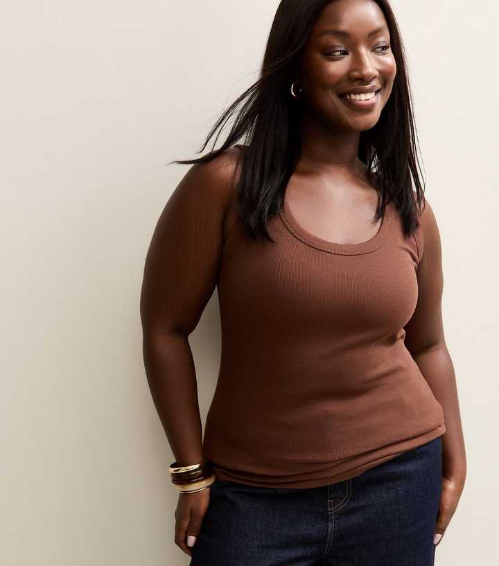 Curves Dark Brown Ribbed Scoop Neck Vest