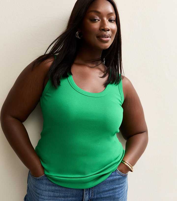 Curves Dark Green Ribbed Scoop Neck Vest
