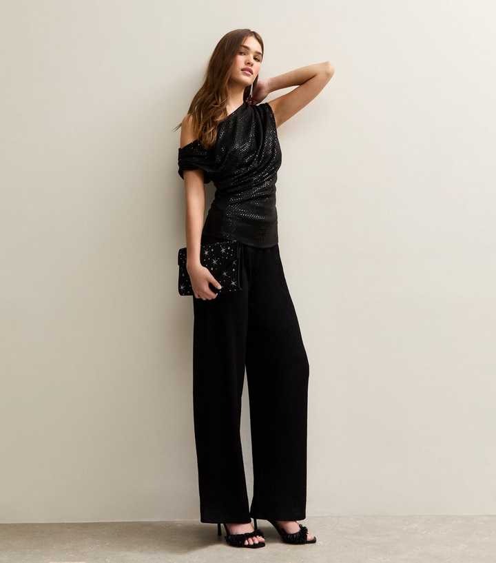 Black Crinkled Wide Leg Trousers