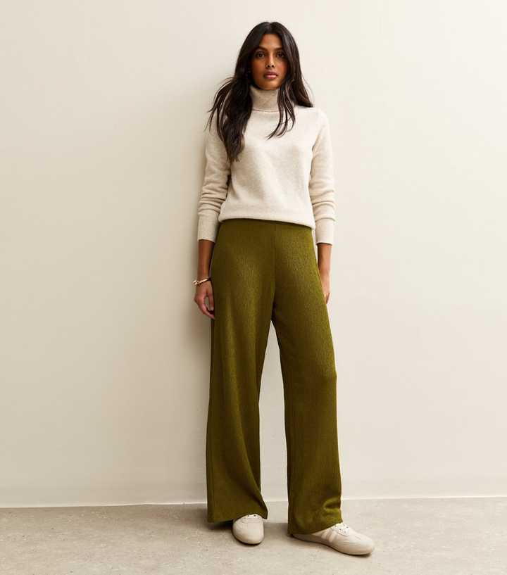 Light Khaki Crinkled Wide Leg Trousers