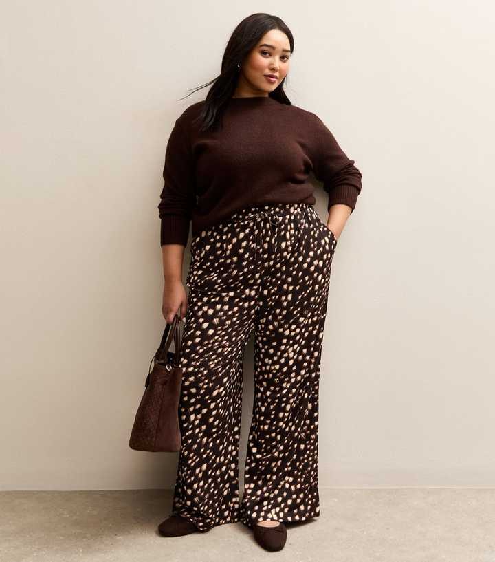 Curves Brown Patterned Wide Leg Trousers