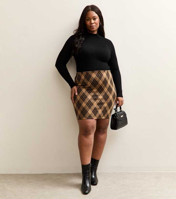 Curves Brown Checked Jacquard Tube Skirt