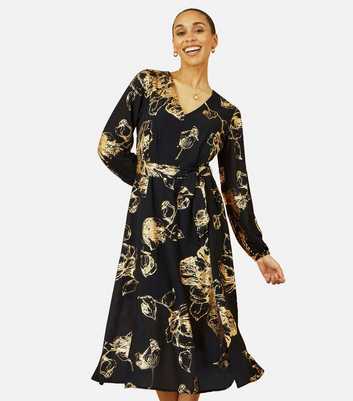 Yumi Black Foil Long Sleeve Midi Dress