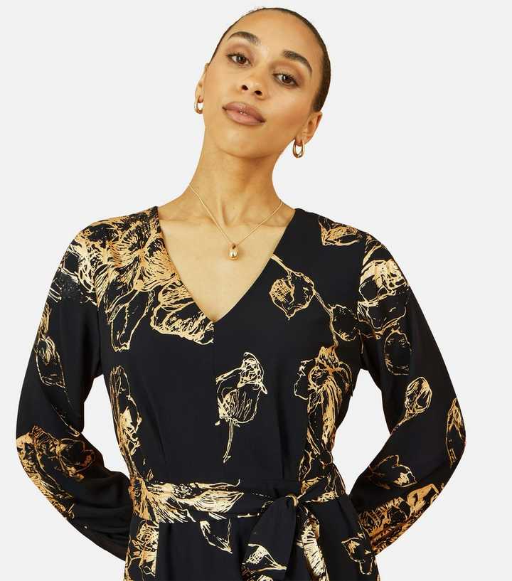 Yumi Black Foil Long Sleeve Midi Dress | New Look Yumi Black Foil Long Sleeve Midi Dress | New Look