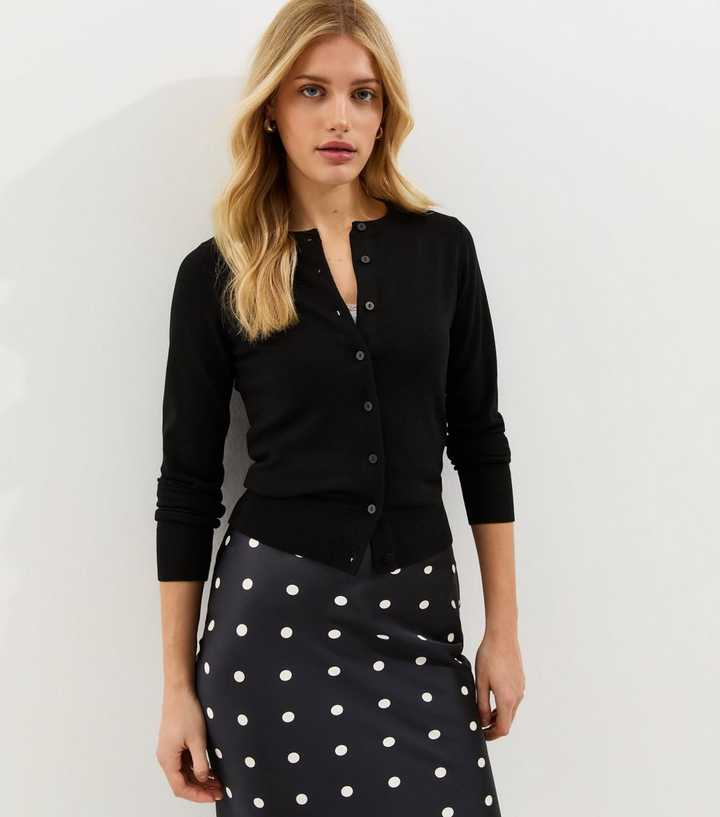 Black Knit Crew Neck Button Up Cardigan
