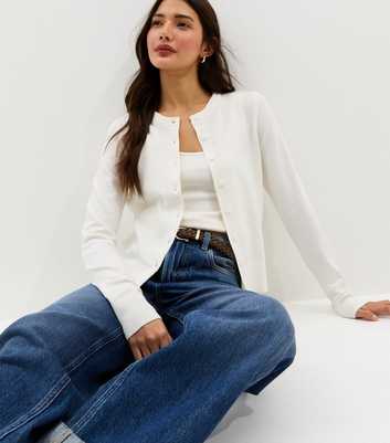 White Knit Crew Neck Button Up Cardigan