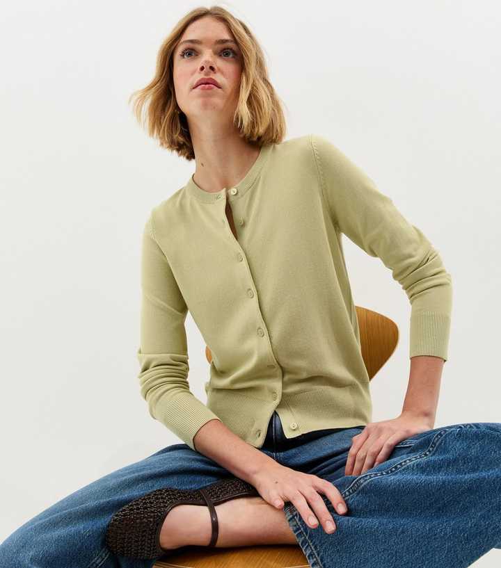 Light Green Knit Crew Neck Button Up Cardigan
