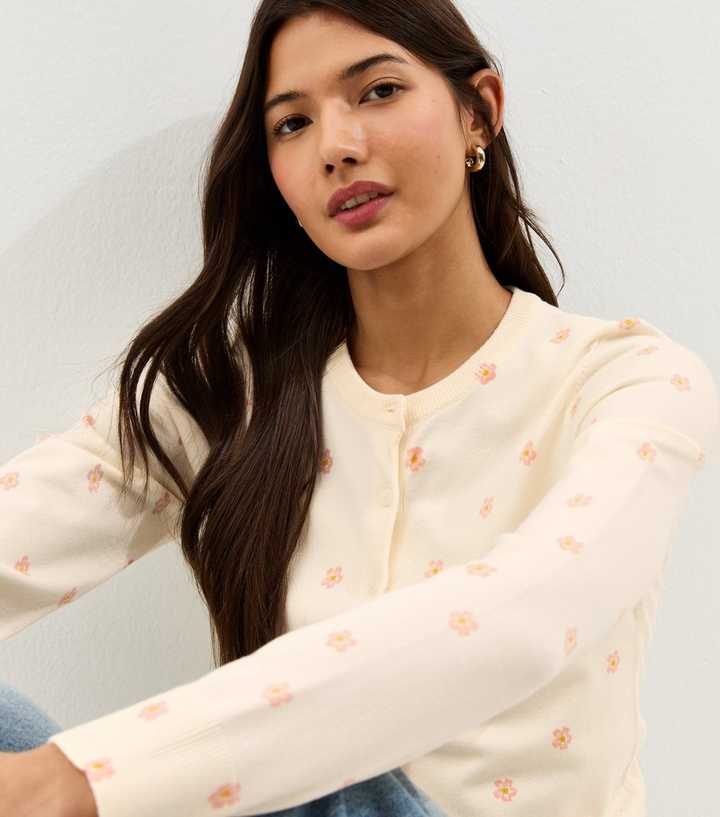 Cream Lightweight Floral Crew Neck Cardigan
