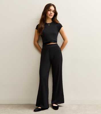 Petite Black Crinkled Jersey Wide Leg Trousers