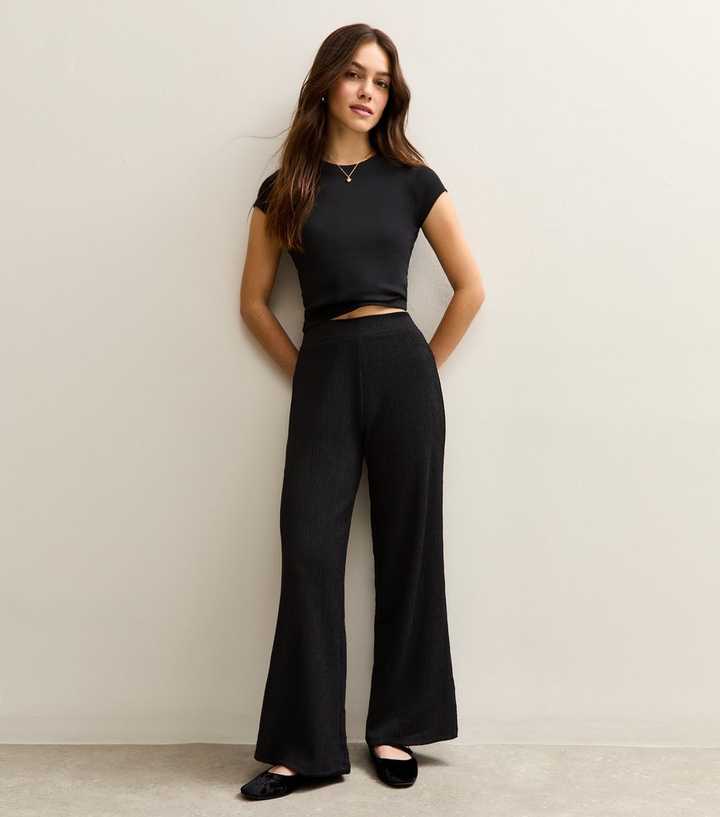 Petite Black Crinkled Jersey Wide Leg Trousers