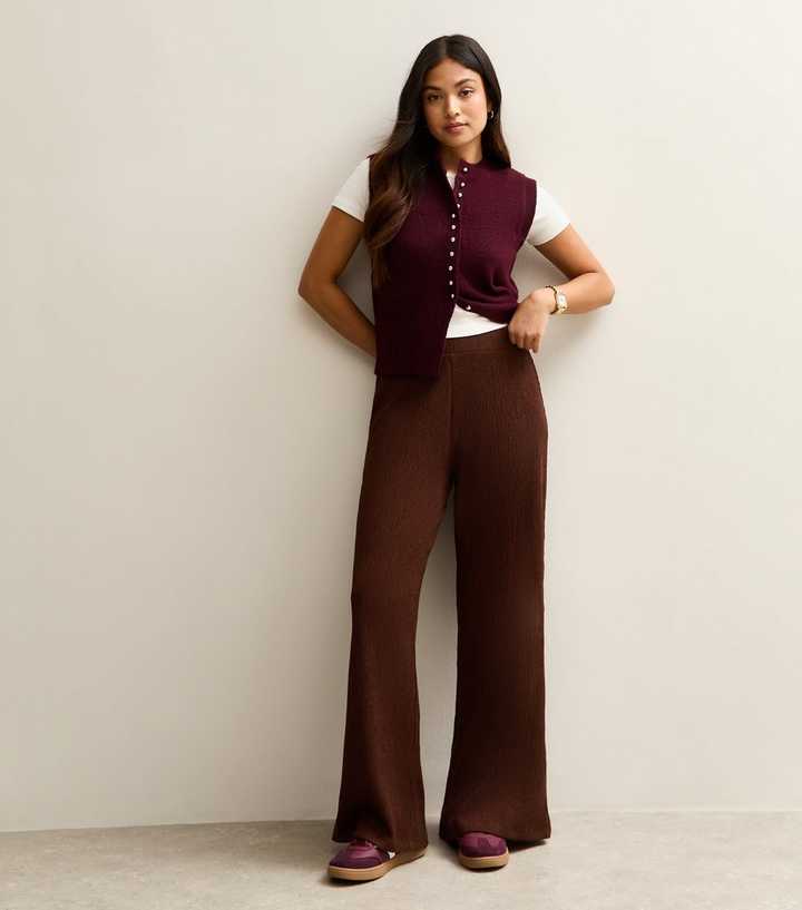 Petite Dark Brown Crinkled Jersey Wide Leg Trousers