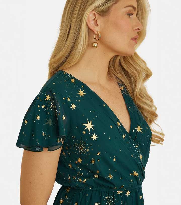 green emerald velvet dress Gold Foil Print Mini Wrap Dress with Slit in Dark Green and Gold main image 0