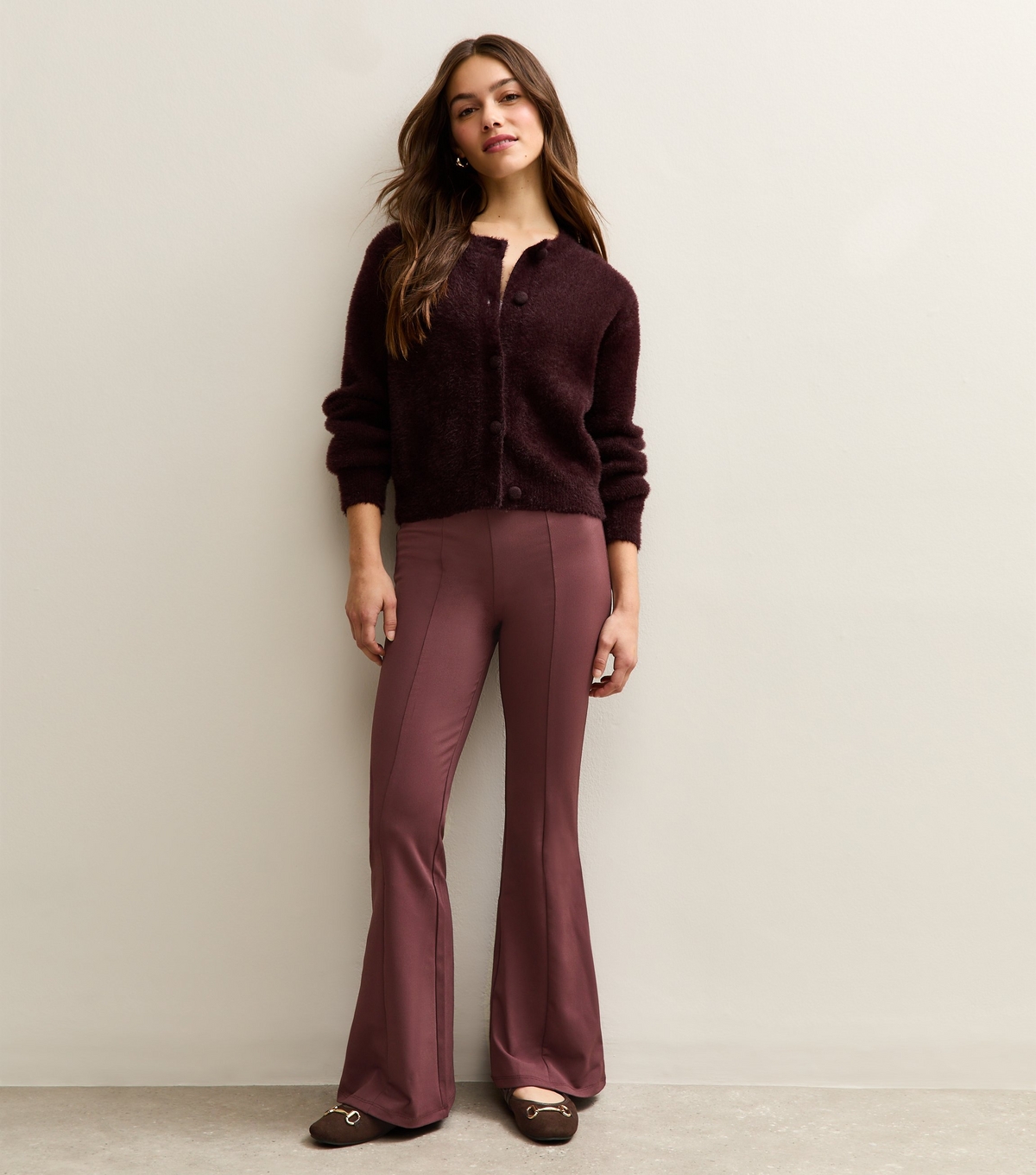 Women's Petite Dark Burgundy Front Seam Flared Trousers New Look