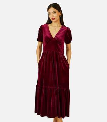 Yumi Burgundy Velvet Tiered Midi Dress