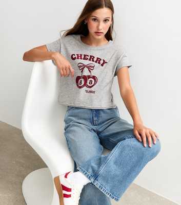 Girls Grey Cherry Print T-Shirt